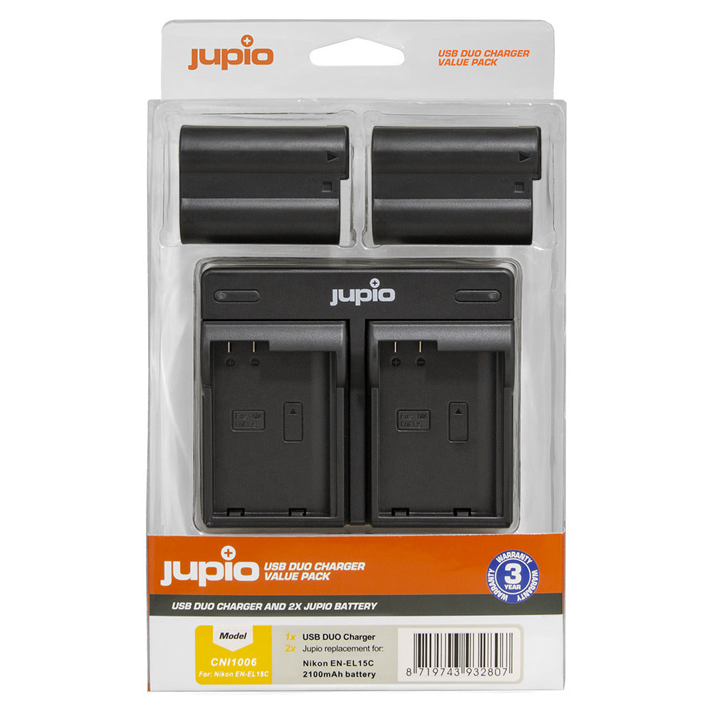 Jupio 2x Nikon EN-EL15C V3 2100mAh Batteries + USB Dual Charger Kit