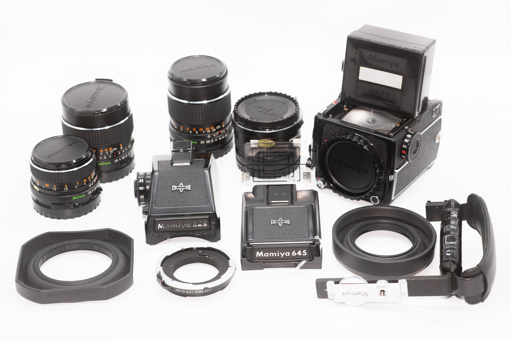 Mamiya M645 1000s w/ 45mm, 80mm, 150mm lenses, 2x Teleconverter, TL Prism, Waist & Sports Finder, Hard Case & Accessories L148050 (Second Hand)